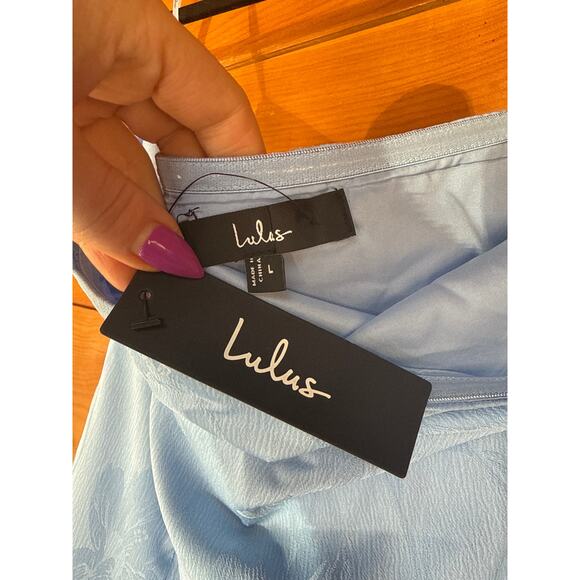 NWT Lulus Gemmi Light Blue Satin Jacquard Drop Waist Maxi Dress Cocktail Sz L - Picture 7 of 9